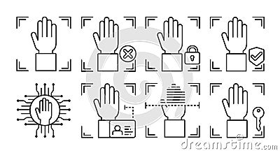 Palm print scan black line icons set. Concept of: verifying person, blocked user, security, approved, ai, id, scanning, unlock Stock Photo