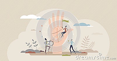 Palm reading as future telling from open hand lines tiny person concept Vector Illustration