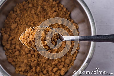 Palm sugar, unrefined sugar also called kithul sugar on a spoon Stock Photo