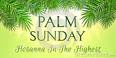 Palm Sunday - greeting banner template for Christian holiday, with palm tree leaves background. Congratulations with Vector Illustration