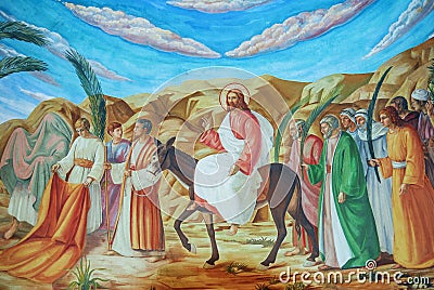 Palm Sunday - painting in the church in the Jerusalem Editorial Stock Photo