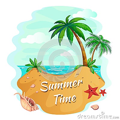 Palm tree beach. Ocean sunset with sand coast beach and palm trees, maldives tropical background. Idyllic summer vector Vector Illustration