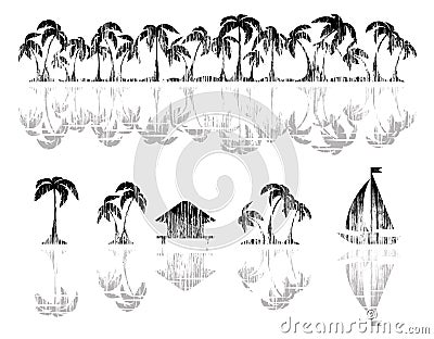 Palm tree, bungalow and yacht Vector Illustration