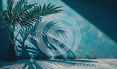 a palm tree casts a shadow on a blue wall with a shadow cast on it Stock Photo