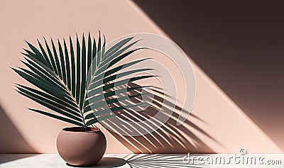 a palm tree casts a shadow on a wall in a room Stock Photo