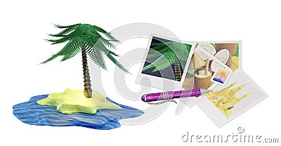 Palm Tree on the Deserted Island and Postcards from Holiday Stock Photo