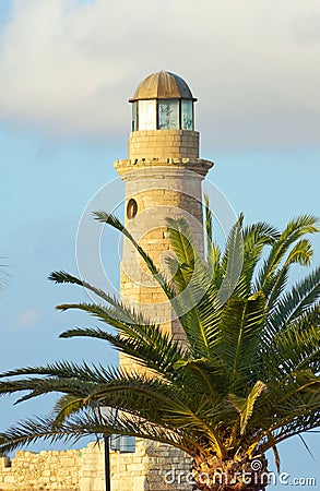 Palm tree and lighthouse Stock Photo