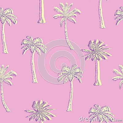 Palm tree pattern. Seamless hand drawn textures on exotic trendy background. Nature textile print. Modern tropical Vector Illustration