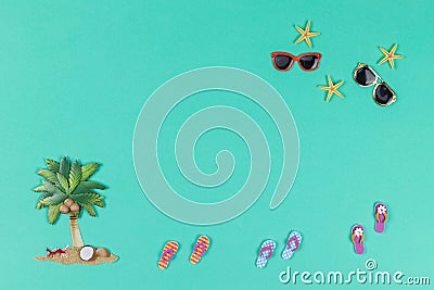 Palm Tree Sandals Sunglasses Upper Right Turquoise Flatlay Stock Photo