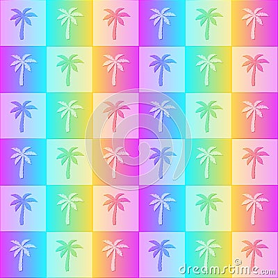 Palm tree seamless pattern. Repeating rainbow palms background. Repeated holographic gradient. Abstract neon for design prints. Re Cartoon Illustration