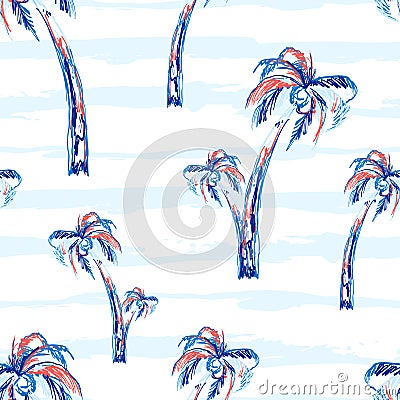 Palm tree seamless vector pattern background with palm trees. Tropic summer design with stripes. Vector Illustration