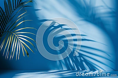 Palm Tree Shadow on Blue Wall Stock Photo
