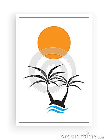 Palm tree silhouettes on little island on sunset / sunrise, vector. Minimalist background design. Poster design Vector Illustration