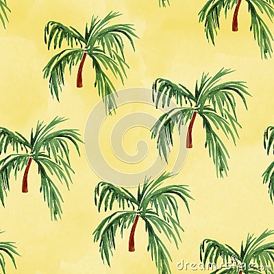 Palm tree watercolor on yellow background seamless patter Cartoon Illustration