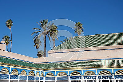 Palm trees and beautiful roof in Morocco Stock Photo