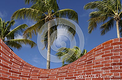 Palm trees and brick wall fake Stock Photo