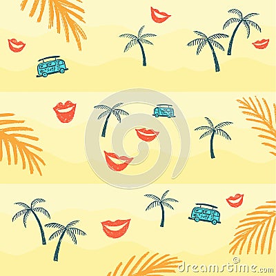 Palm trees and bus on the sand Vector Illustration