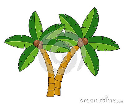 Palm trees cartoon illustration.Two curved coco palm isolated on white. Design element for summertime leaflet or advert. Exotic Vector Illustration