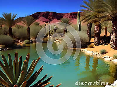 palm trees on desert view at sunset, oasis view, AI Generated Stock Photo