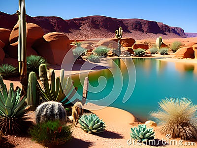 palm trees on desert view at sunset, oasis view, AI Generated Stock Photo