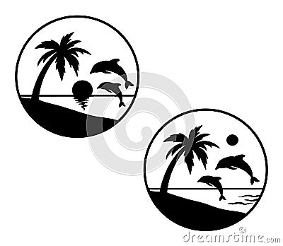 Palm trees and dolphin round icons. Sunset Sea in circle emblem. Vector Silhouette isolated on white Vector Illustration