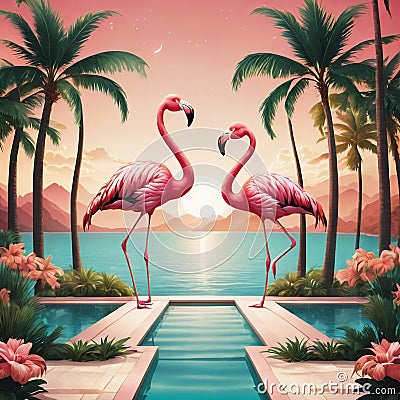 Colorful Flamingos and Palm trees in a Florida resort Stock Photo