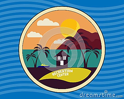 Palm trees house boat in a circle Vector Illustration