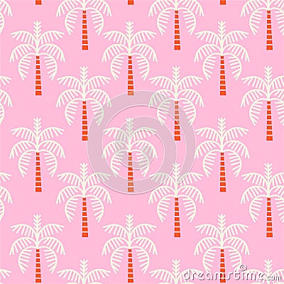 Palm trees icon. Seamless pattern regular repeat. Vector illustration on light pink background color Cartoon Illustration