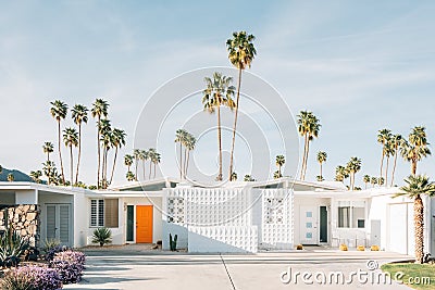 Palm trees and modern house in Palm Springs, California Stock Photo