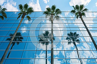 palm trees reflecting on a sleek glass office facade Stock Photo