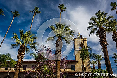 Palm trees and the Riverside Municipal Auditorium Stock Photo