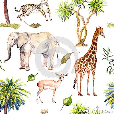 Palm trees and savannah animals - giraffe, elephant, cheetah, antelope. Zoo seamless pattern. Watercolor Stock Photo