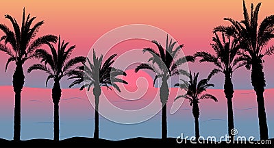 Palm trees and sea and sunset, beach silhouette. Beautiful scenery Vector Illustration