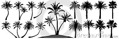 Palm trees silhouette. Coconut tree date palm. Vector set tropical trees Vector Illustration