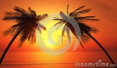 Palm trees silhouette tropical ocean sunset Stock Photo