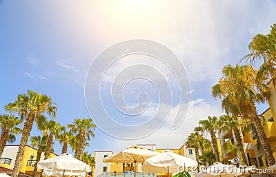 Palm trees sky sun and roof of european hotel with umbrellas in nature frame , bright Sunny day, the concept of a resort Stock Photo