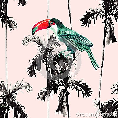 Palm trees and toucan seamless background Vector Illustration