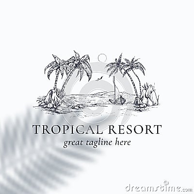 Palm Trees tropical resort view badge or Logo Template Hand Drawn beach with palms and boat Sketch with Typography Vector Illustration