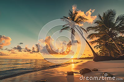 Tropical beach in Punta Cana, Dominican Republic. Sunrise over exotic island in the ocean. Stock Photo