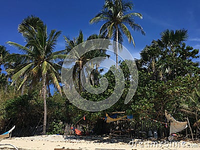 Palm tropical paradise beach in the Philippines with white sand and blue sky Stock Photo