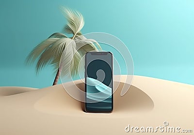 palm up creative mock holiday cyber summer sand concept sea phone. Generative AI. Stock Photo