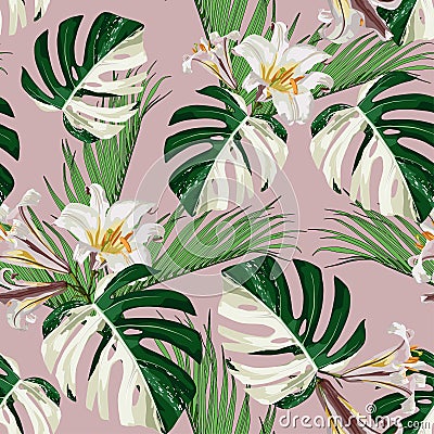 Palm and white monstera leaves, white lilies flowers seamless pattern, tropical foliage, branch, greenery. Vector Illustration