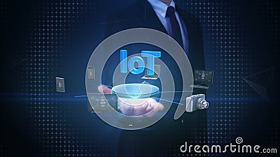 Palma aperta dell'uomo d'affari, dispositivi che collegano tecnologia di IoT, intelligenza artificiale Internet delle cose Palma aperta dell'uomo d'affari, dispositivi che collegano tecnologia di IoT, intelligenza artificiale Internet delle cose