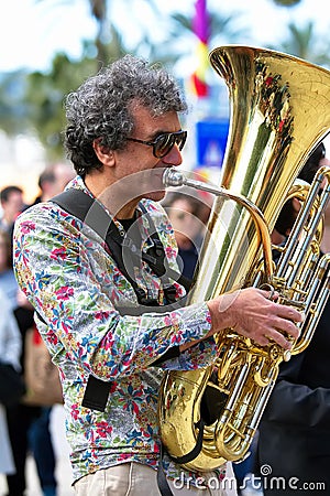 An elderly musician plays the trumpet, Editorial Stock Photo