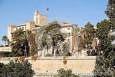 Palma de Mallorca, Spain - March 24, 2019 : side view of the Royal Palace Almudaina Editorial Stock Photo