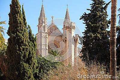 Palma Mallorca cathedral Santa Maria La Seu front view rose window Stock Photo