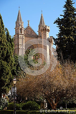 Palma Mallorca cathedral Santa Maria La Seu front view rose window vertical Stock Photo