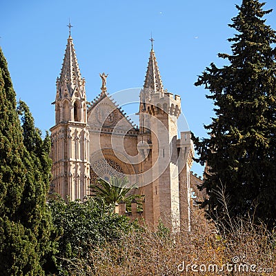 Palma Mallorca cathedral Santa Maria La Seu front view rose window vertical Stock Photo