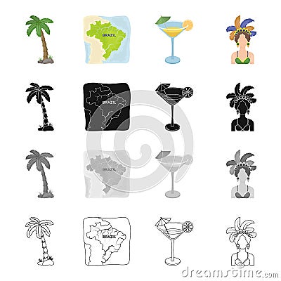 Palma, the territory of Brazil, a drink, a cocktail, a woman in a carnival costume. Brazil set collection icons in Vector Illustration