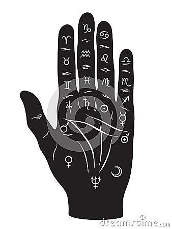 Palmistry or chiromancy hand with signs of the planets and zodiac signs black and white hand drawn design isolated vector illustra Vector Illustration